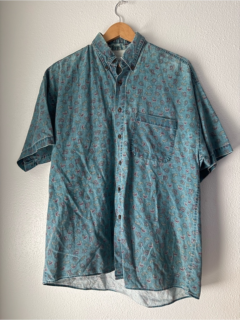 VTG Anchor teal Paisley Men Blue Short Sleeve Button Up Shirt Sz M